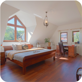 Sypialnia domu przy ul. Żwirowej we Wrocławiu — nieruchomość od biura DOMiTY.